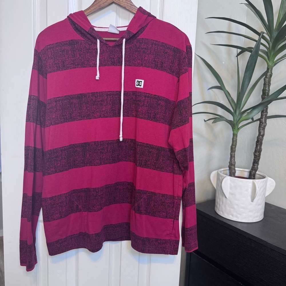 DC Men’s Red and Black Striped Hooded Long Sleeve Shirt